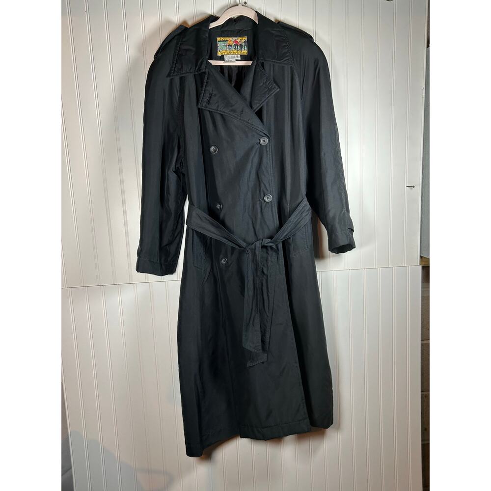 Atlantic Beach 100% Silk Black Classic Long Buttoned Trenchcoat Size Large